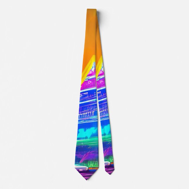 Neon Futuristic hologram Pyramid in Modern City Neck Tie (Front)