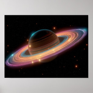 Neon Galactic Ring Planet Digital Art Cosmic Poster