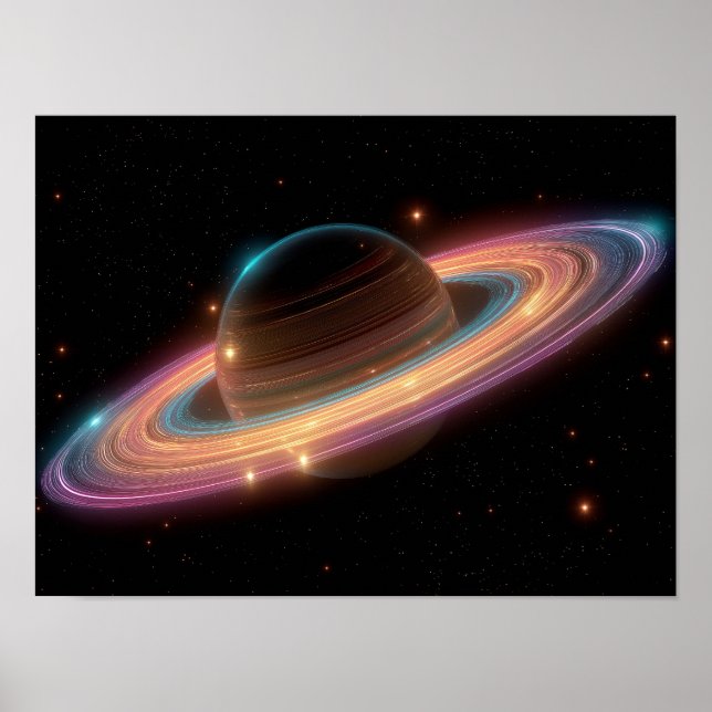 Neon Galactic Ring Planet Digital Art Cosmic  Poster (Front)