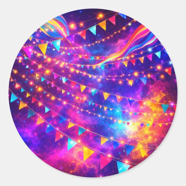Neon Galaxy Festival Abstract Pattern Design Classic Round Sticker (Front)