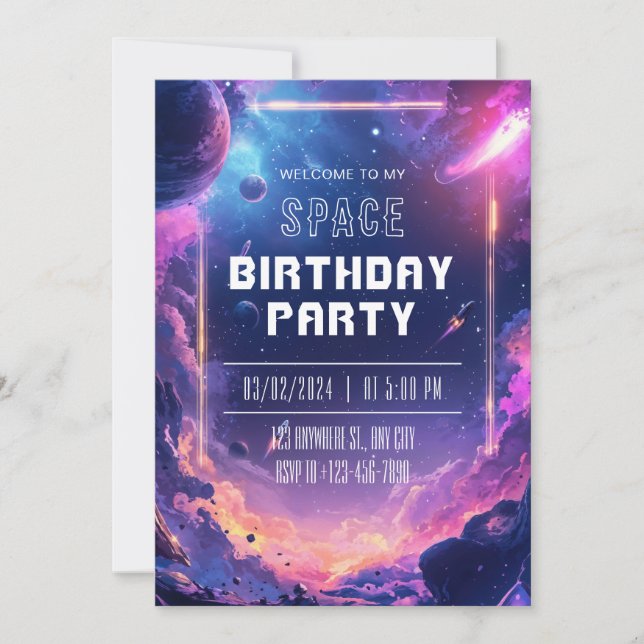Neon Galaxy Space Birthday Party Invitation (Front)