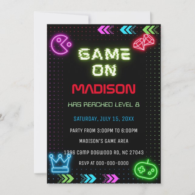 Neon Game  Birthday Invitation (Front)