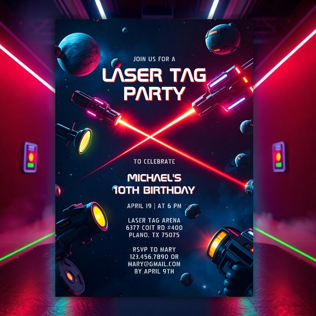Neon Game Space Laser Tag Birthday Party Invitation (Neon Game Space Laser Tag Birthday Party Invitation)