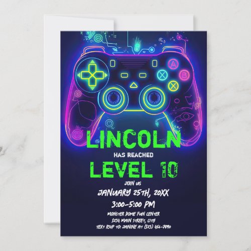 Neon Gamer Arcade Video Game Level Up Birthday Invitation