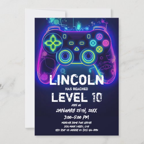 Neon Gamer Arcade Video Game Level Up Birthday Invitation