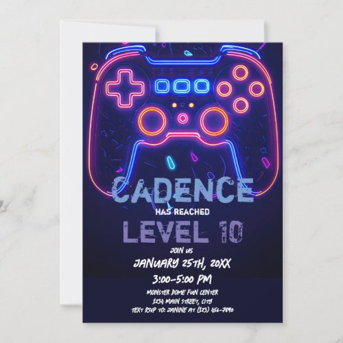 Neon Gamer Arcade Video Game Level Up Birthday Invitation