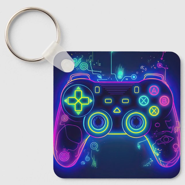 Neon Gamer Arcade Video Game Level Up Birthday Keychain (Front)