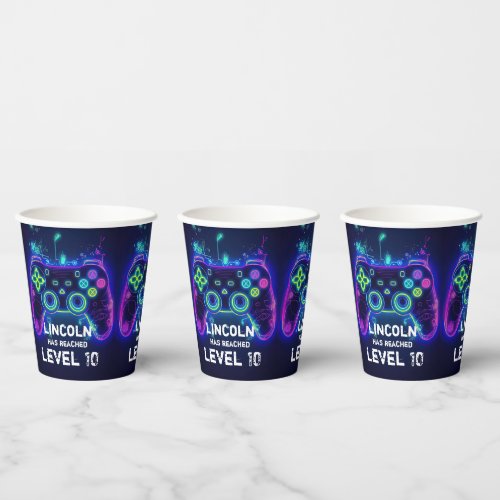Neon Gamer Arcade Video Game Level Up Birthday Paper Cups