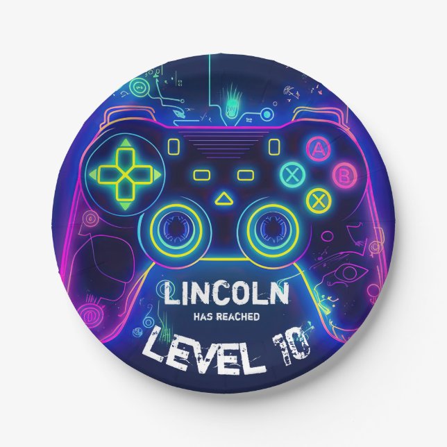 Neon Gamer Arcade Video Game Level Up Birthday Paper Plates (Front)