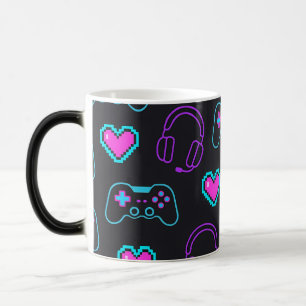 Neon Gamer Controller and Hearts Pattern Color Morph Mug