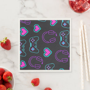 Neon Gamer Controller and Hearts Pattern Napkins