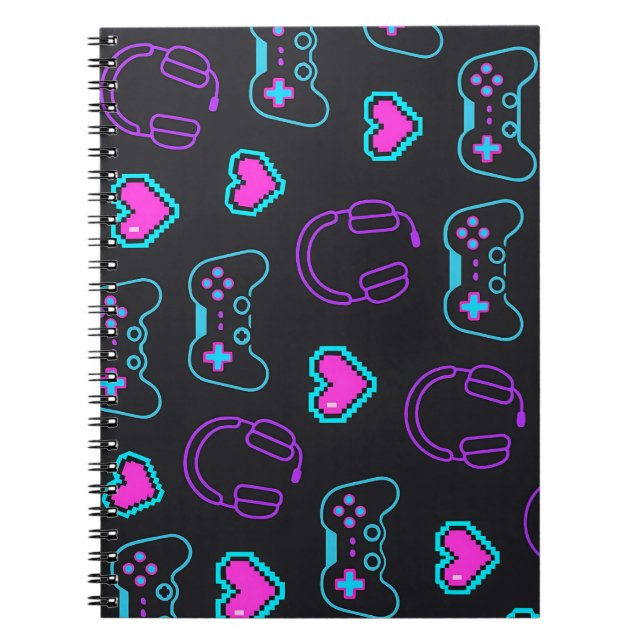 Neon Gamer Controller and Hearts Pattern Notebook (Front)