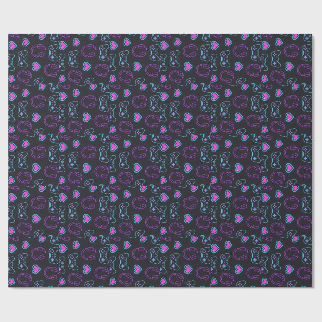 Neon Gamer Controller and Hearts Pattern Wrapping Paper (Flat)