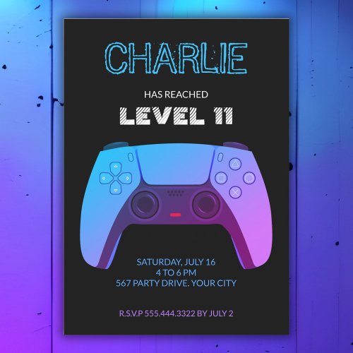 NEON GAMER CONTROLLER LEVEL UP INVITATION