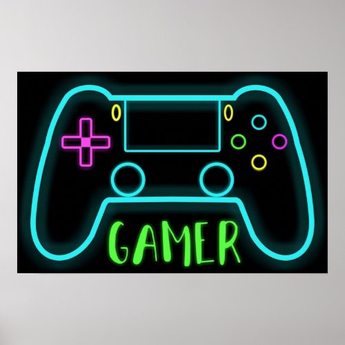 Neon gamer controller neon colors poster