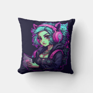 Neon gamer girl throw pillow