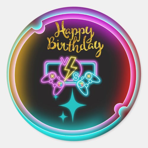 Neon Gaming Birthday Party Classic Round Sticker