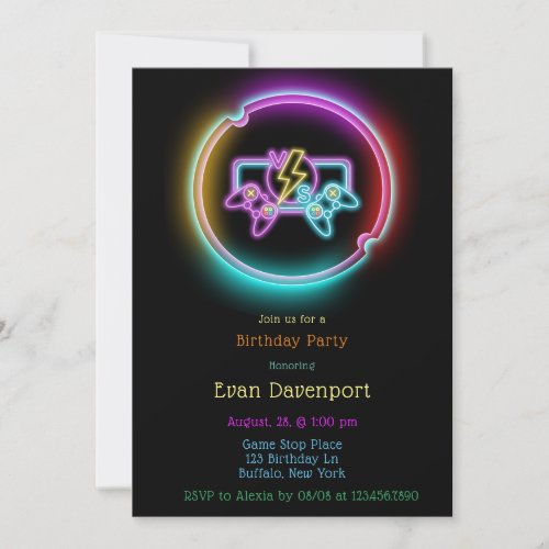 Neon Gaming Birthday Party  Invitation