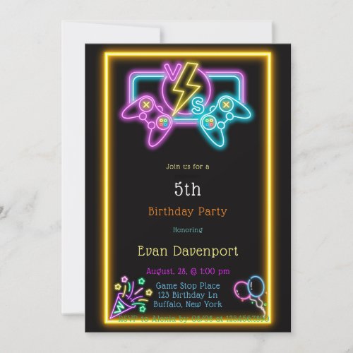 Neon Gaming Birthday Party  Invitation