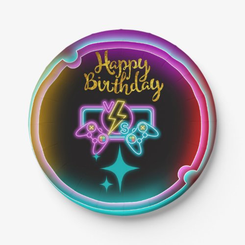 Neon Gaming Birthday Party Paper Plates