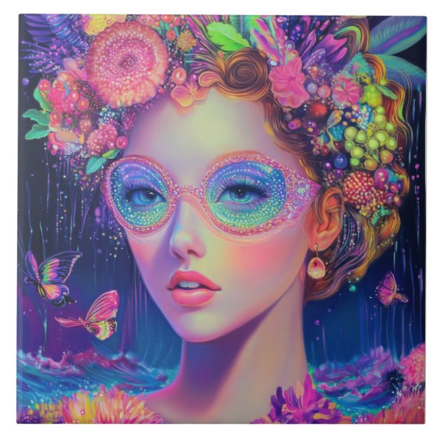 Neon Garden Goddess  Ceramic Tile (Front)