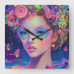 Neon Garden Goddess Square Wall Clock