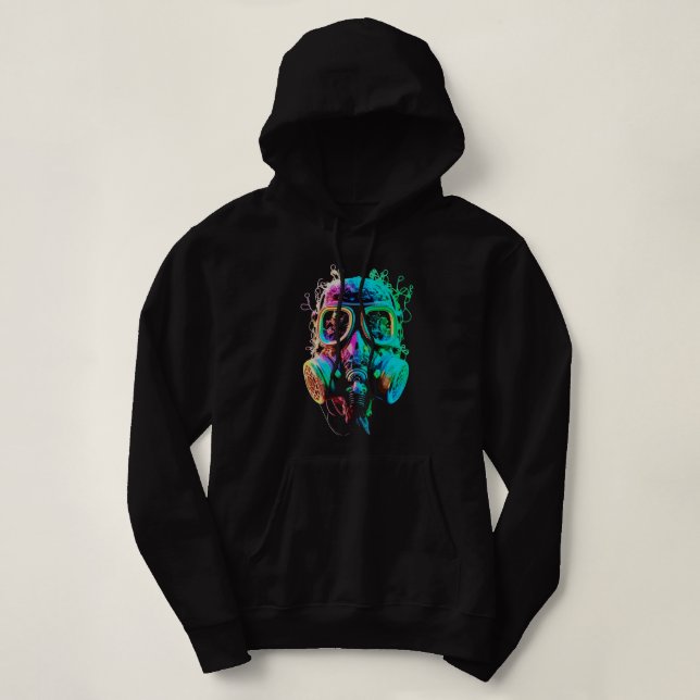 Neon Gas Mask: Vibrant Chaos Art Hoodie (Design Front)