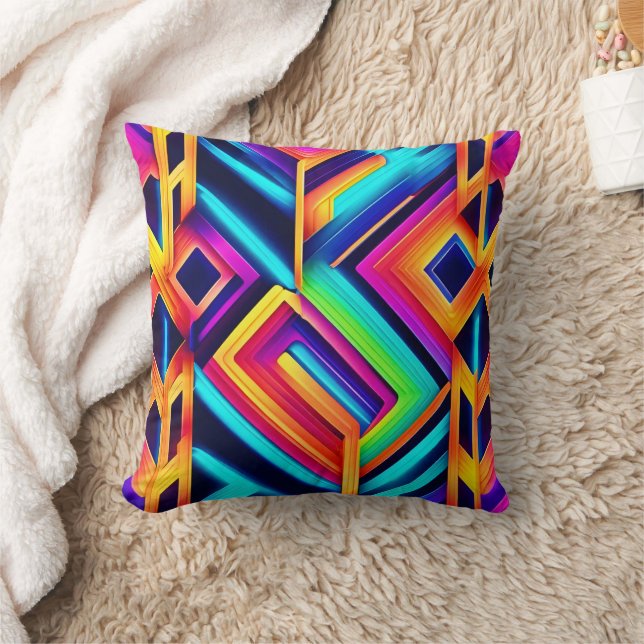 Neon Geometric Abstract Art Throw Pillow (Blanket)