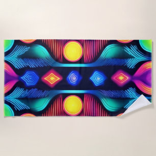 Neon Geometric Mandala Art Beach Towel
