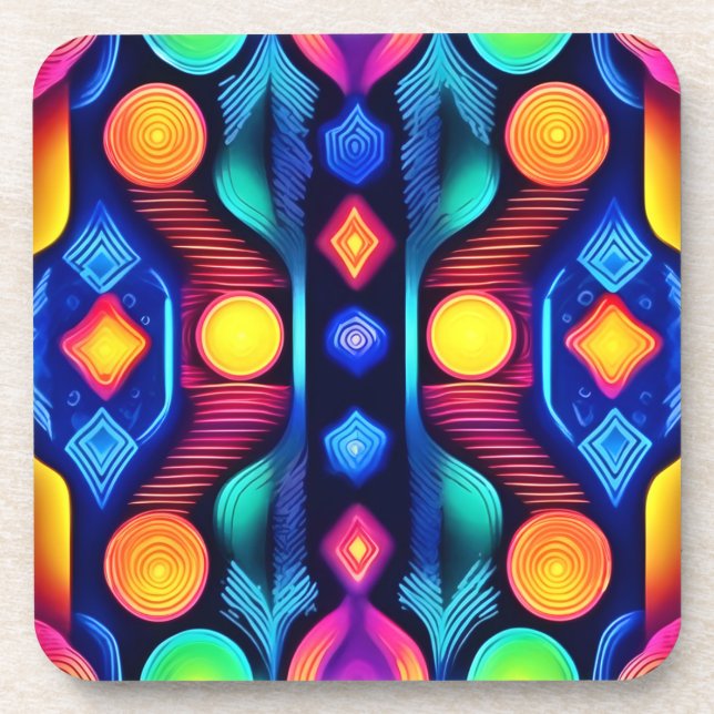 Neon Geometric Mandala Art Beverage Coaster (Front)