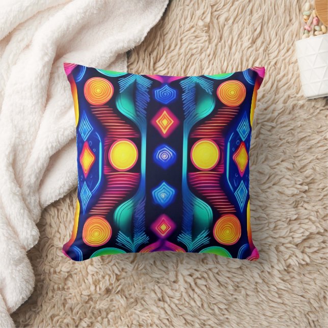 Neon Geometric Mandala Art Throw Pillow (Blanket)
