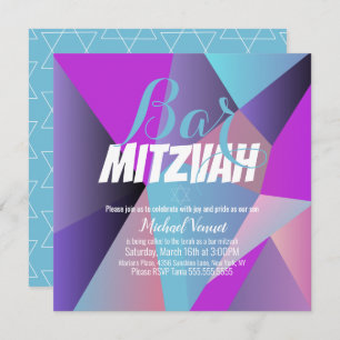 Neon Geometrical Blue White Bar Mitzvah Invitation