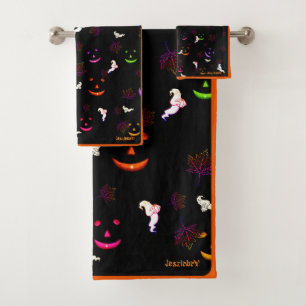 Neon Ghosts and Pumpkin Smiles Halloween  Bath Towel Set