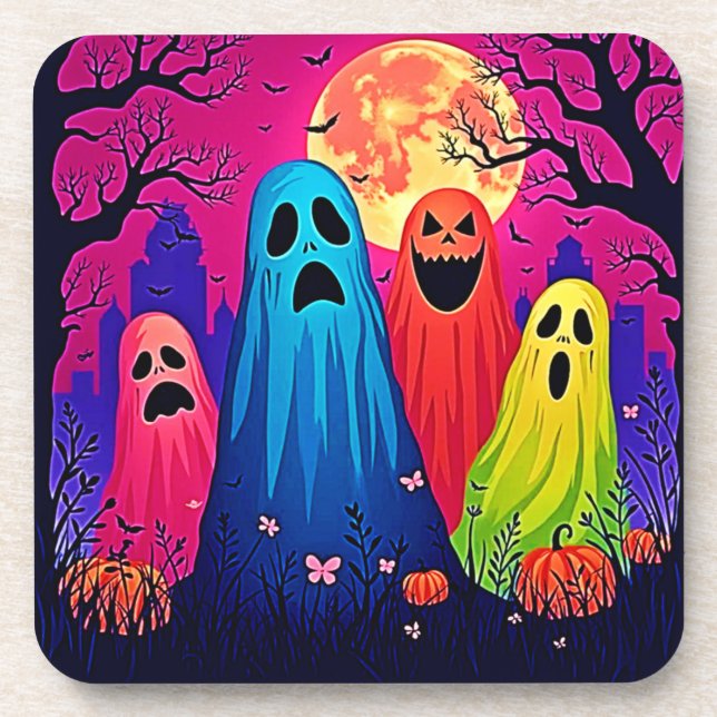 Neon Ghosts' Halloween Party Design Beverage Coaster (Front)