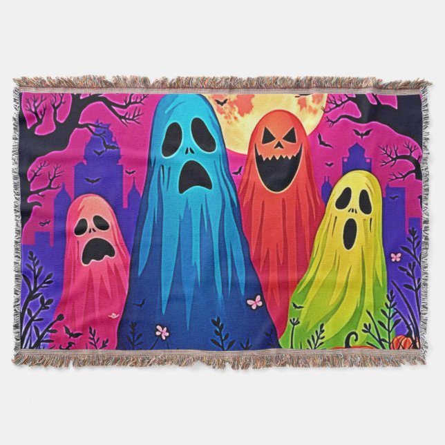 Neon Ghosts' Halloween Party Design Throw Blanket (Front)