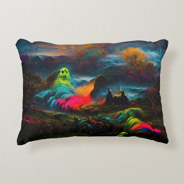 Neon Ghosts in a Haunted Fantasy Landscape Accent Pillow (Front)