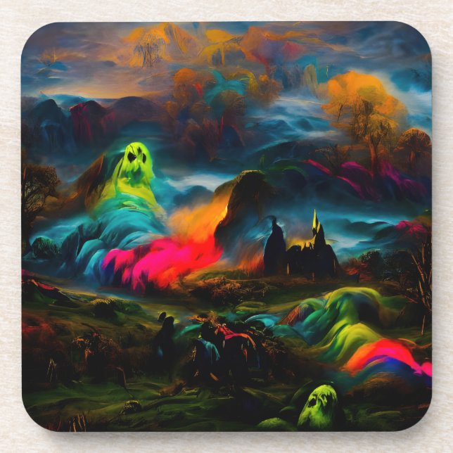 Neon Ghosts in a Haunted Fantasy Landscape Beverage Coaster (Front)