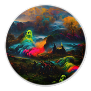 Neon Ghosts in a Haunted Fantasy Landscape Ceramic Knob
