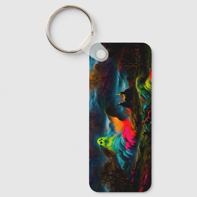 Neon Ghosts in a Haunted Fantasy Landscape Keychain (Front)