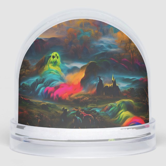 Neon Ghosts in a Haunted Fantasy Landscape Snow Globe (Front)
