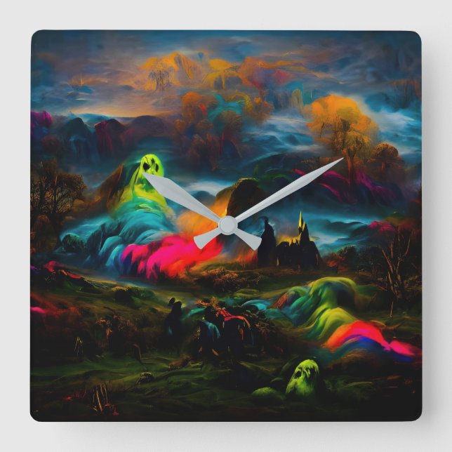 Neon Ghosts in a Haunted Fantasy Landscape Square Wall Clock (Front)