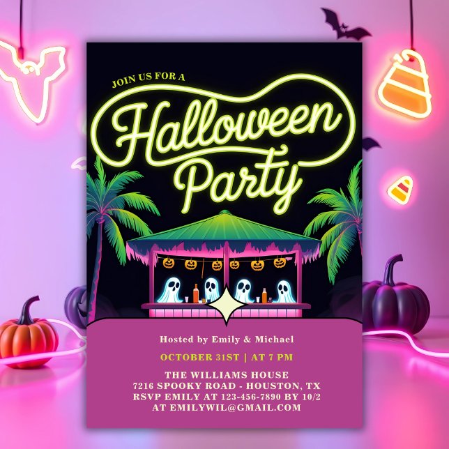 Neon Ghosts Palm Trees Tropical Halloween Party Invitation (Neon Tropical Halloween Party Invitation with Ghosts & Palm Trees)