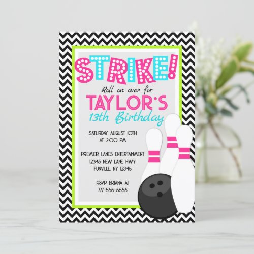 Neon Girl Chevron Bowling Birthday Invitations