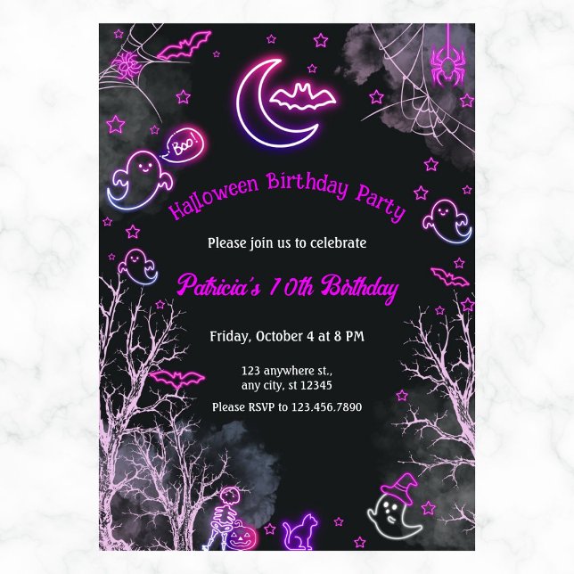 Neon Girl Halloween Birthday Any Year Invitation (Creator Uploaded)