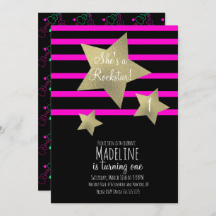 Neon Girl Rockstar Guitar Faux Gold Star Birthday Invitation