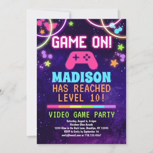 Neon Girls Video Game Birthday Party Invitation