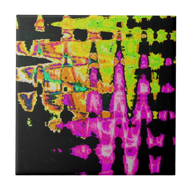 Neon Glitch Abstract Art Poster Print Ceramic Tile (Front)
