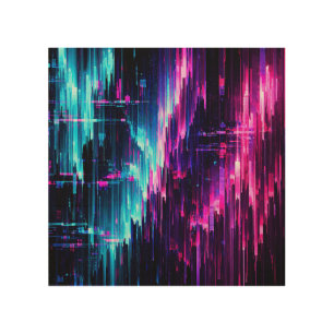 Neon Glitch Data Stream Abstract Wood Wall Art