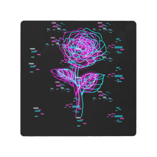 Neon Glitch Rose Design Metal Print
