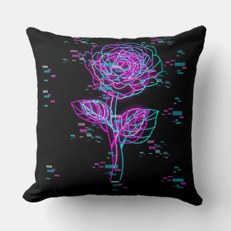 Neon Glitch Rose Design Throw Pillow